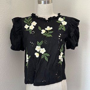 Zara Trafaluc Laser Cut Eyelet Embroidered Black Blouse Lightweight Sz XS